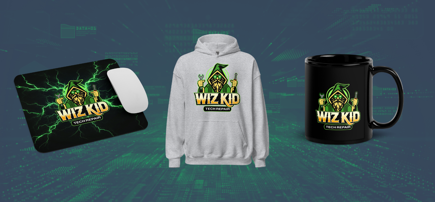 Wiz Kid Tech Repair mouse pad, hoodie, and mug