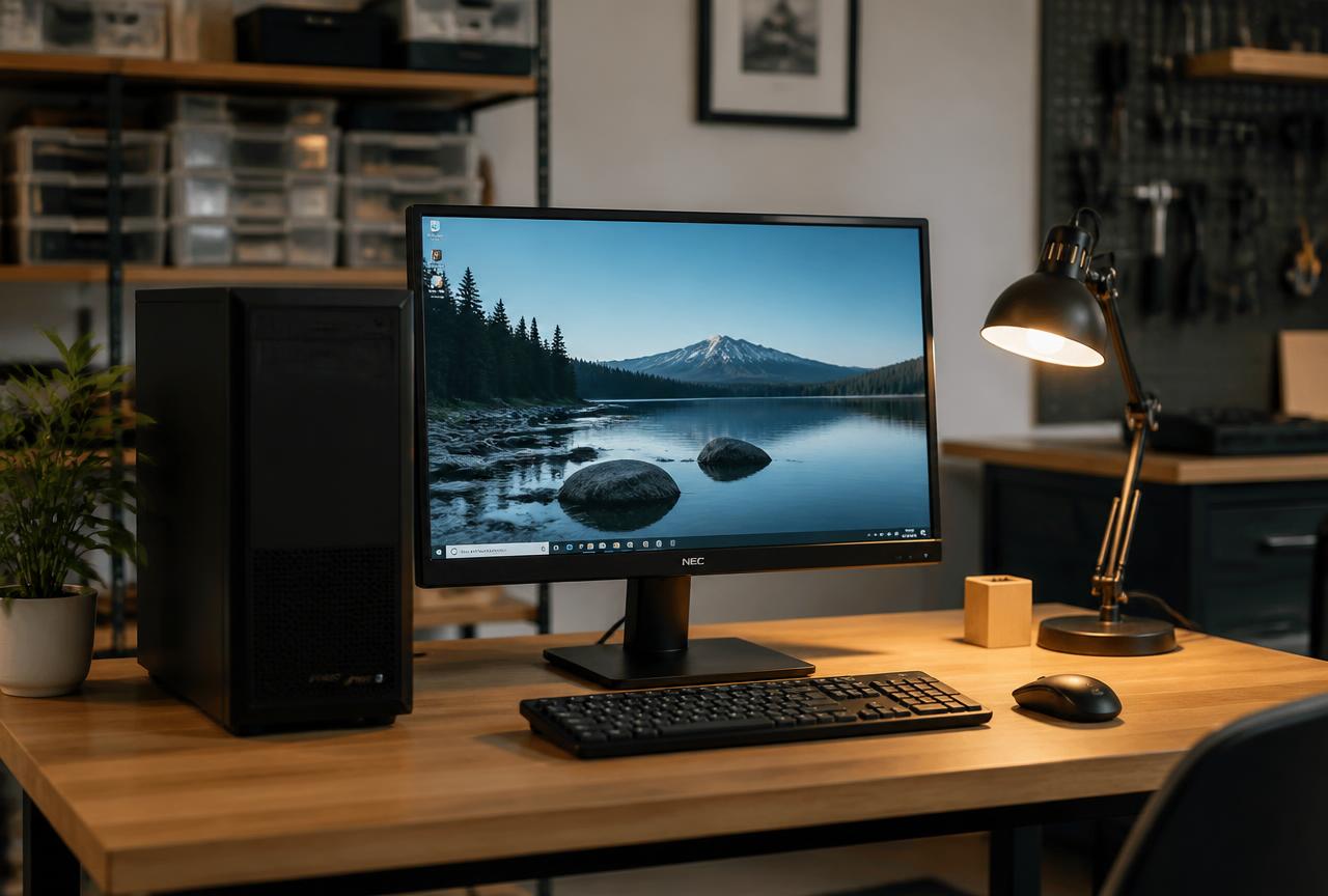 A desktop computer and monitor on a tidy wooden desk at the Wiz Kid Tech Repair shop