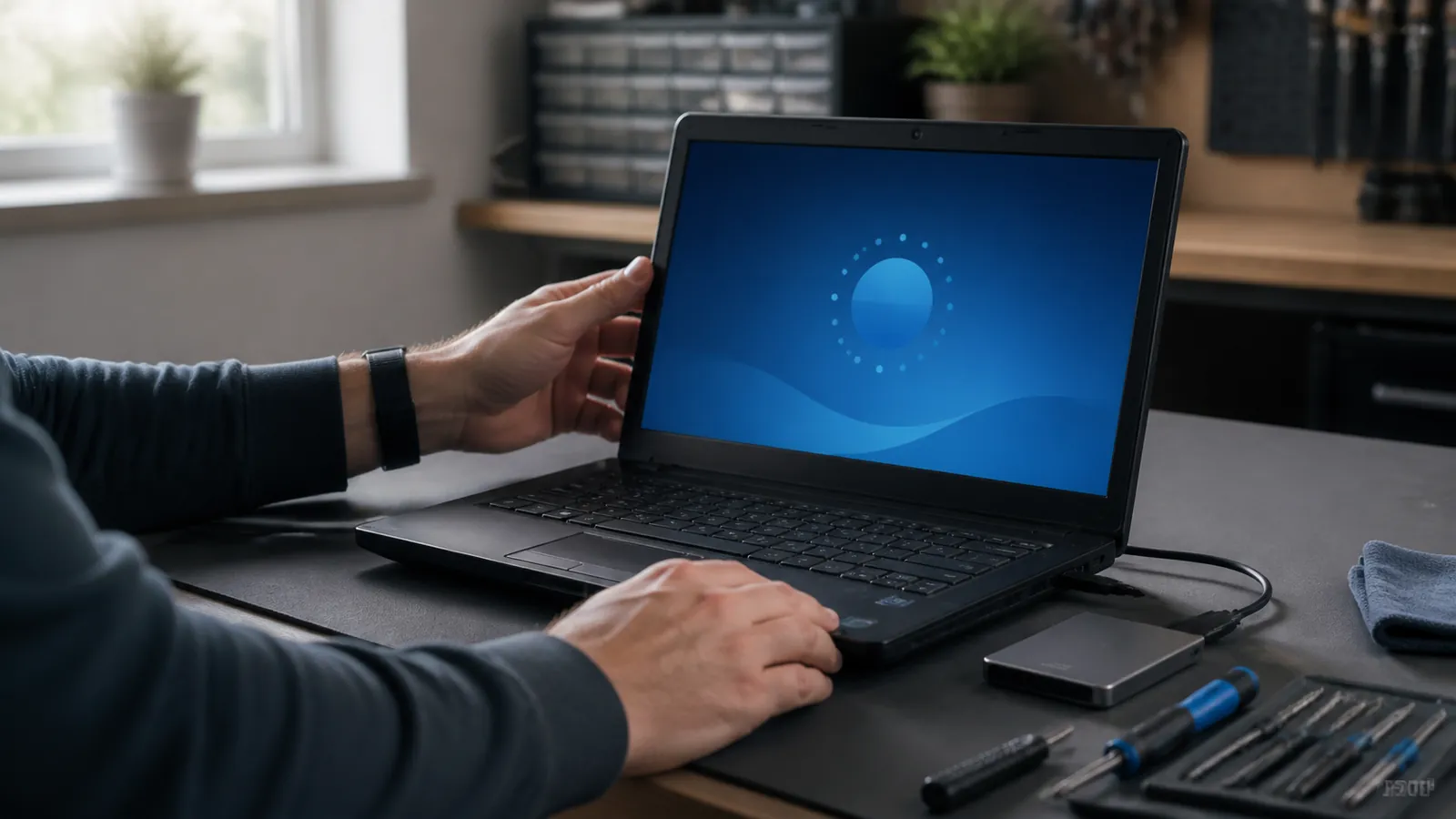 Technician checks an older laptop beside an external backup drive before planning a safe Windows upgrade
