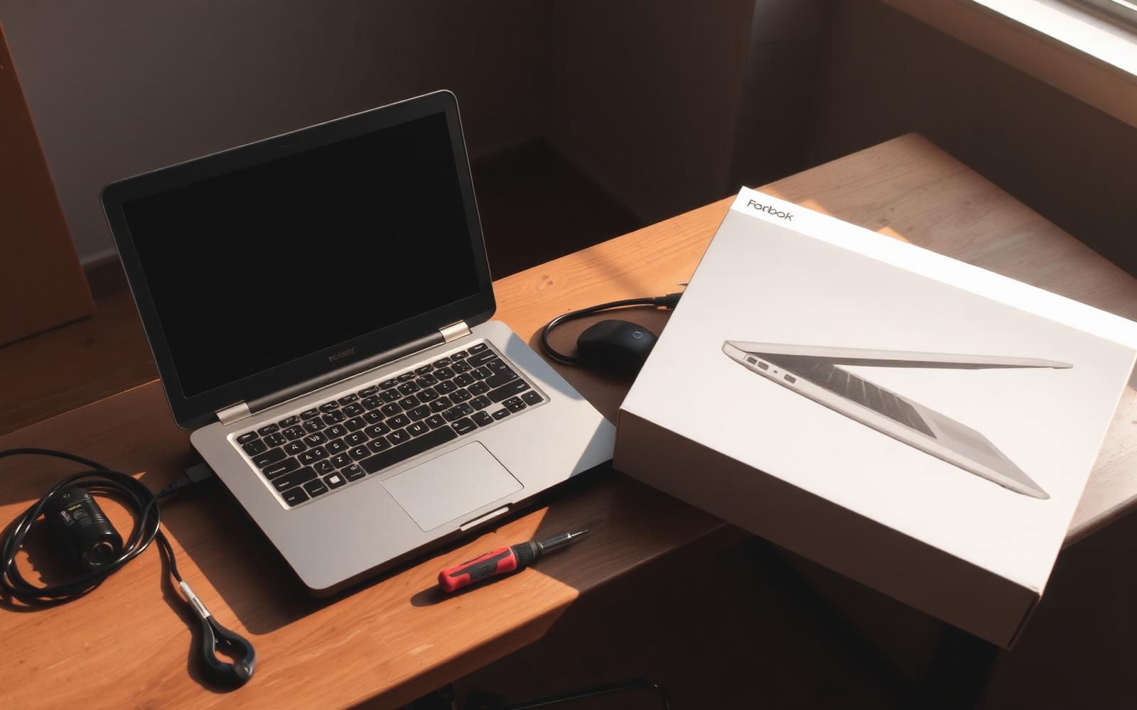 An older laptop open on a repair bench beside a new laptop box
