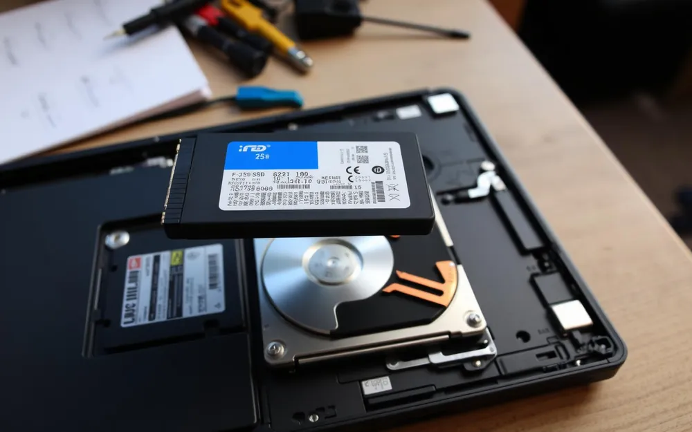 A solid state drive held above an open laptop with the old hard drive removed