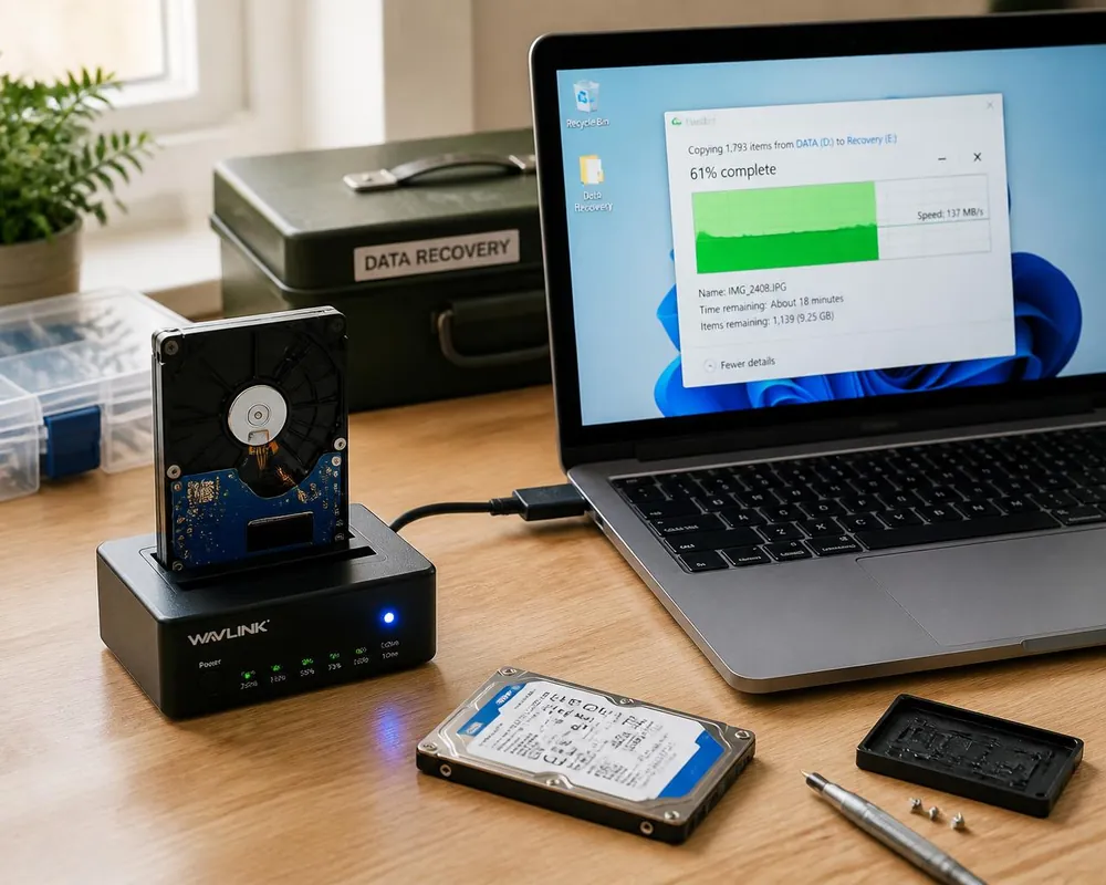 Hard drive connected to a recovery station