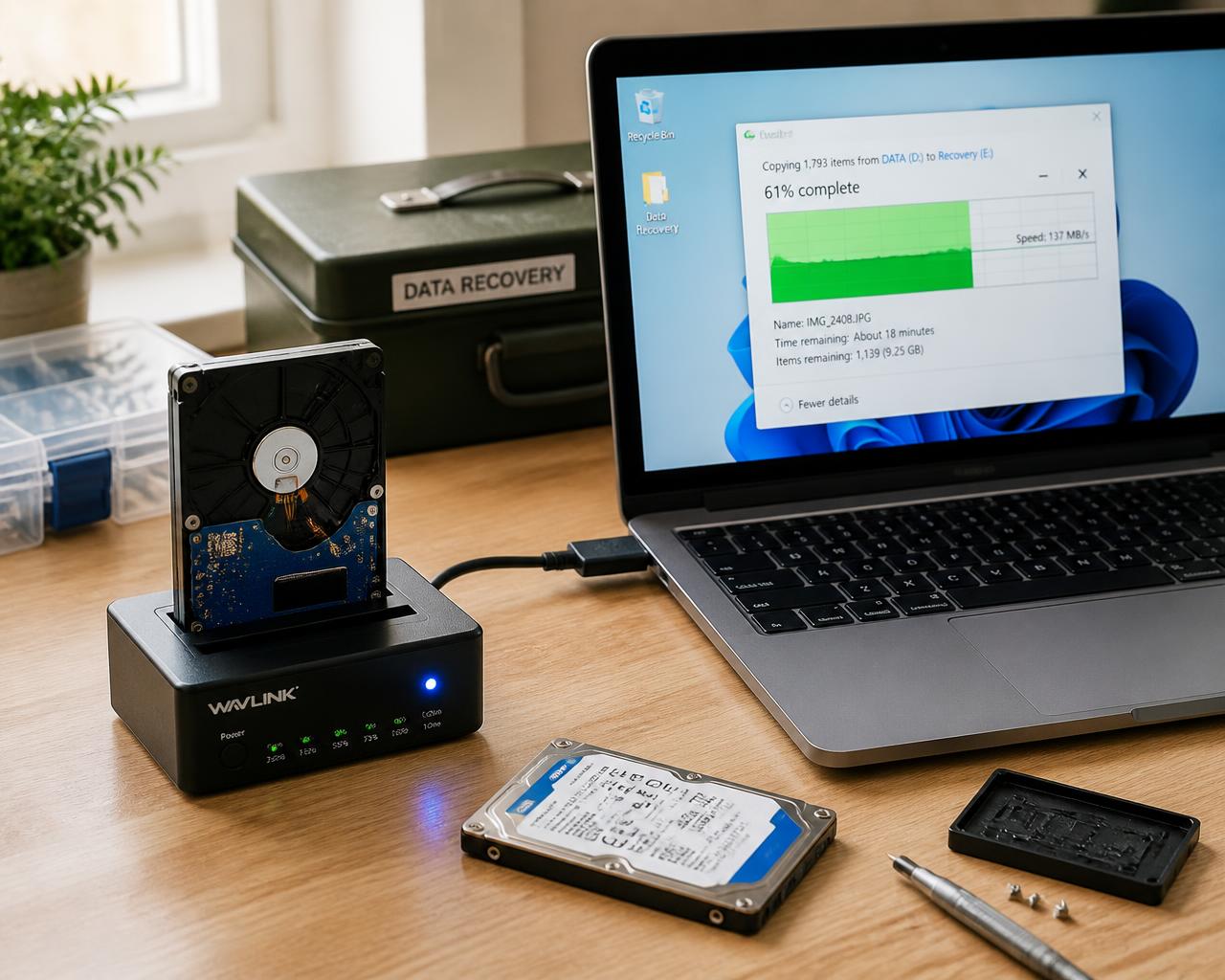 Hard drive connected to a recovery station