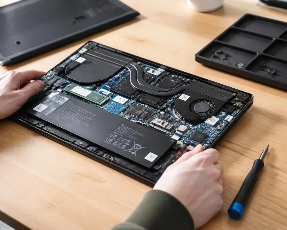 Laptop opened on the repair bench